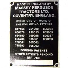 COMMISSION PLATE - MF65 (1958-1963) SUITABLE FOR MASSEY FERGUSON 65