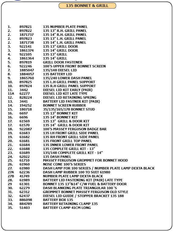 135 parts list