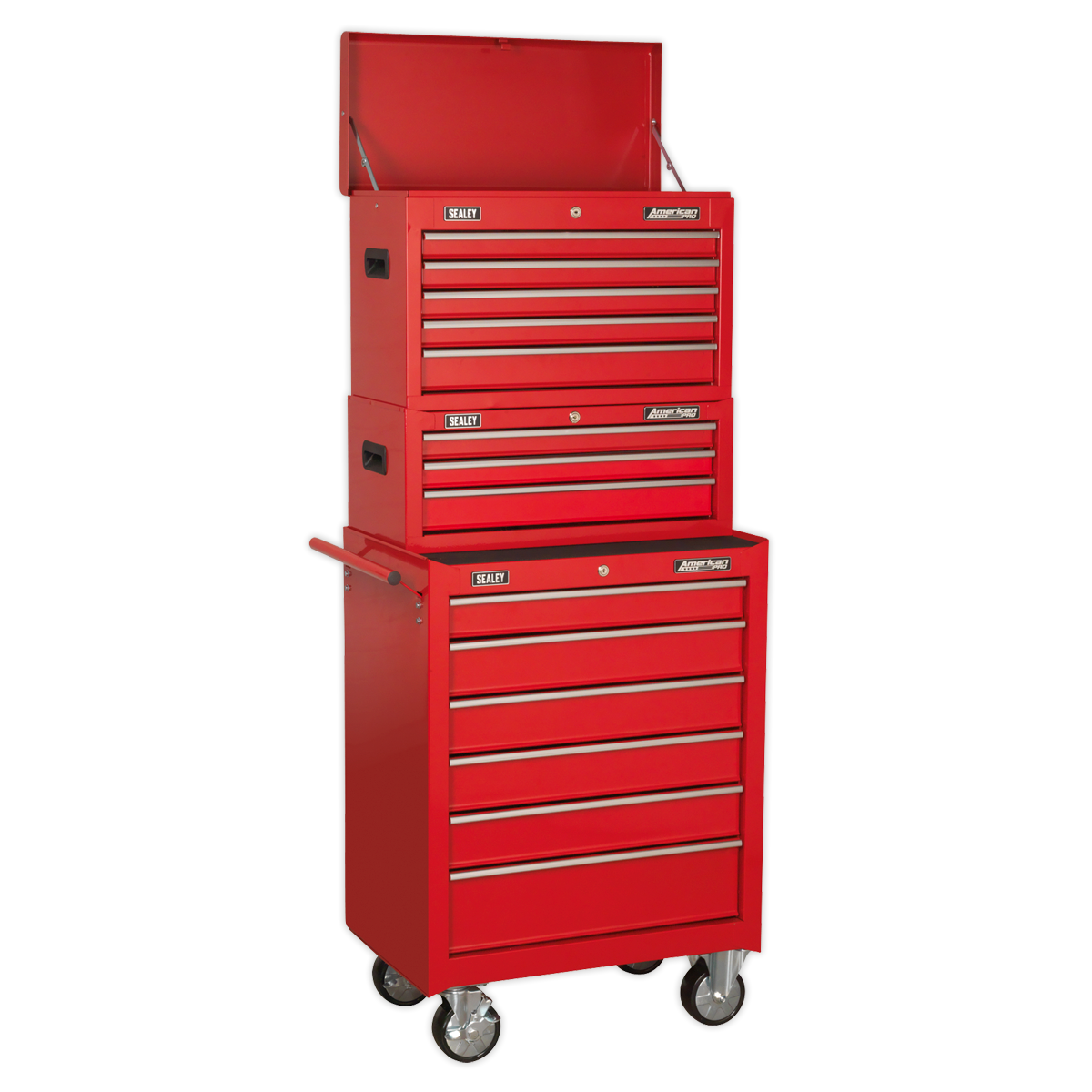 Topchest, Mid-Box Tool Chest & Rollcab 14 Drawer Stack - Red